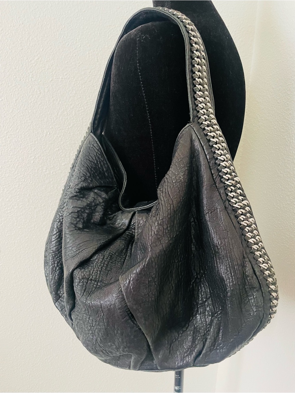 Y2K Inspired Treesje Black Leather Chain Trim Hobo Shoulder Bag w/ Dust Bag